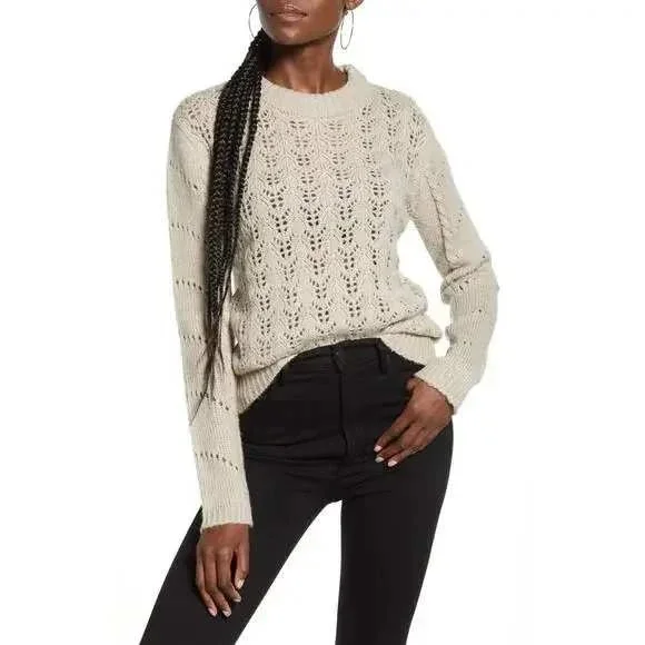 English Factory Fuzzy Open-Lace Knit Sweater Sz S Heather Grey Cozy Soft Neutral - Picture 10 of 10